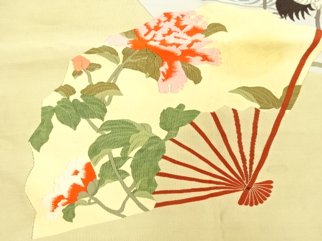 アンティーク　扇に牡丹・鶴模様織り出し帛紗